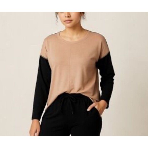 New Serena Williams Color Block Long Sleeve Tunic Black Tan Shirt Blouse Size S - Picture 2 of 6